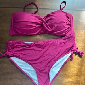 Tempt Me Twist Front Bandeau Bikini Swimsuit Set Magenta XL